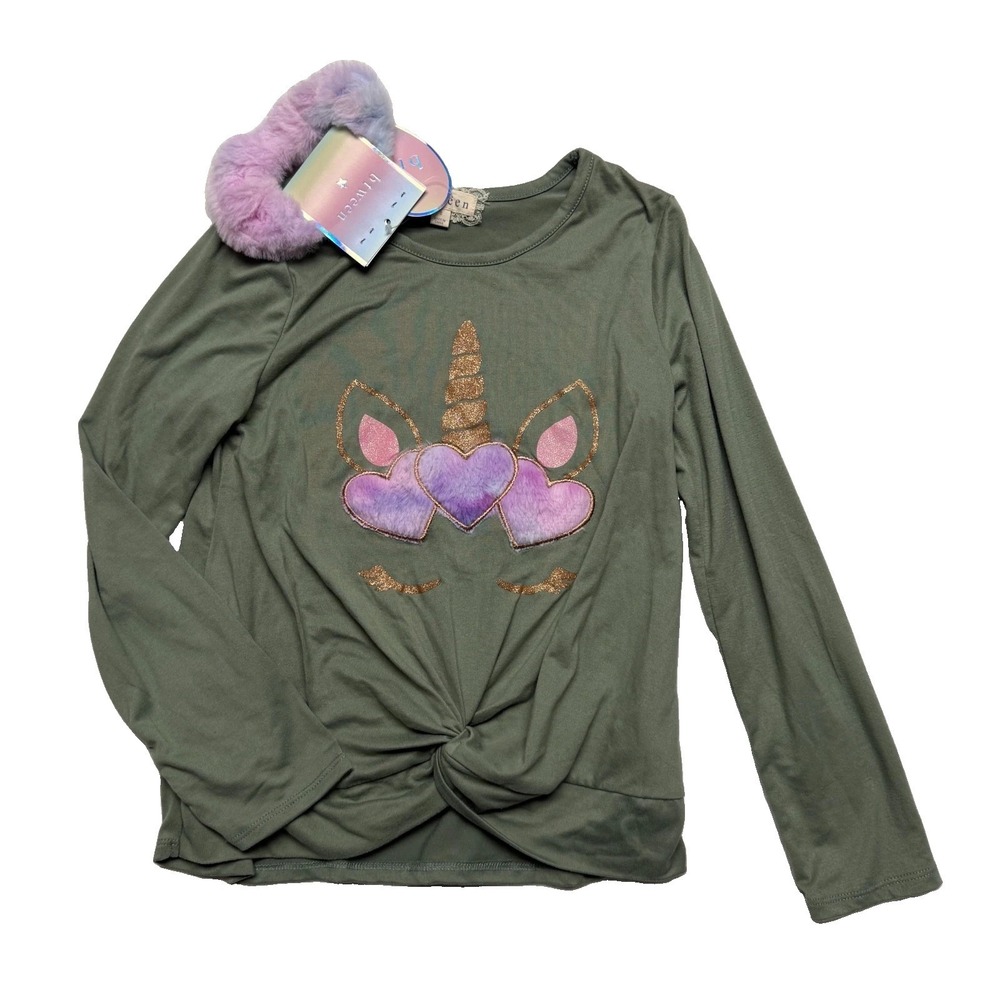 Btween Girls Unicorn Heart T-Shirt Size 8 Green Long Sleeve with Scrunchie